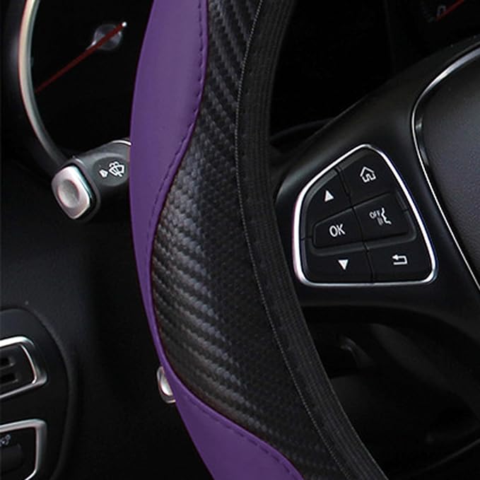 Car Steering Wheel Cover, 15 inch Carbon Fiber Microfiber PU Leather Elastic Steering Wheel Protector for Men Women, Anti-Slip Breathable Car Interior Accessories for Most Cars (Purple)