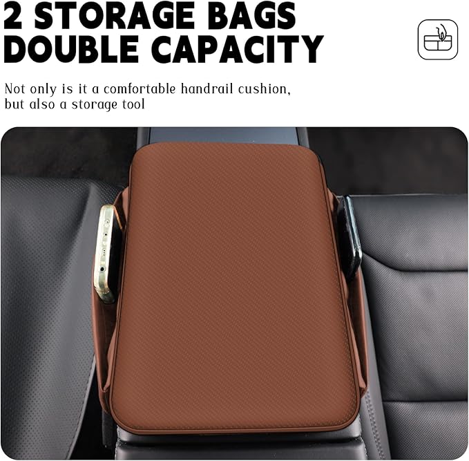 Car Armrest Cover Pad - Nappa Leather Car Center Console Cover with Breathable Holes, Non-Slip Auto Arm Rest Cushion, Universal Car Interior Accessories Fit forTesla Model Y Most Cars (Dark Brown)