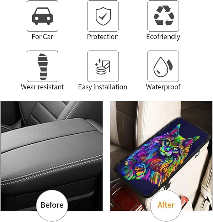 Neon-Colored Maine Coon Cat Portrait Universal Center Console Armrest Cover Pad Car Armrest Protector for Most Cars, Suvs & Trucks, Cushion with Easy Installation