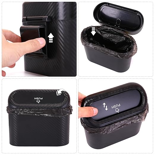 Ginsco Mini Car Trash Can with Lid, Small Car Garbage Can, Cute Leakproof ABS Car Trash Bin, Car Accessories for Interior, Garbage Bin for Car, Home, Office with 120pcs Trash Bags Carbon Fibre
