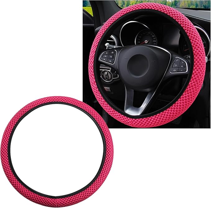 Elastic Steering Wheel Cover, 15"×15" Comfy Breathable Stretch Steering Wheel Protector, Ice-Silk Cloth Polyester Steering Wheel Cover for Men Women, Car Accessories (Rose Red)