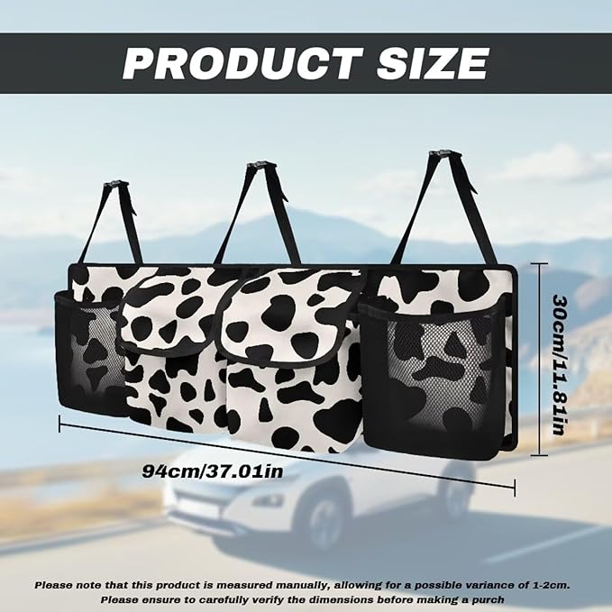 SEANATIVE Cow Print Car Trunk Organizer, Auto Waterproof Sturdy Backseat Hanging Large Storage Collapsible Cargo Bag with Anti-Slip Adjustable Strip, Vehicle Interior Accessories for Woman