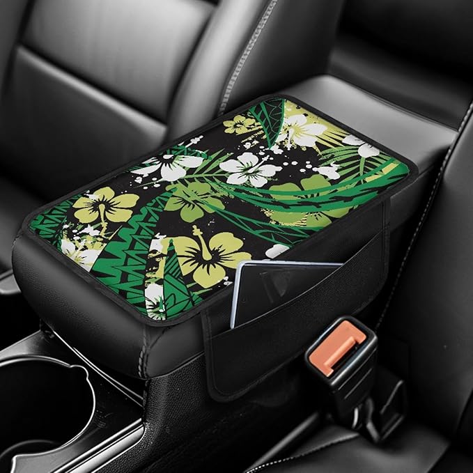 CLOHOMIN Green Polynesia Auto Armrest Cover Pad Hibiscus Car Armrest Seat Box Cover Fashion Center Console Cover for Car Truck Van Sedan Accessories