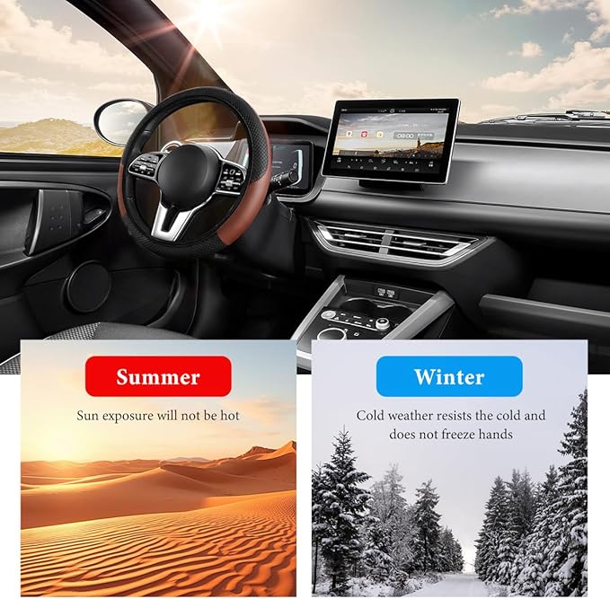 Car Steering Wheel Cover, 15 Inch Anti-Slip Stretch Leather Steering Wheel Protector, Comfortable Breathable Sporty Steering Wheel Cover for Women Men, Car Accessories (Black & Khaki, AD)