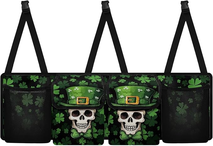 CLOHOMIN St. Patrick's Day Car Trunk Organizer Skull Car Storage Bags Green Leaf Car Trunk Tool Organizer Collapsible Cargo Bag with 4 Pockets Car Decorative Accessories, Easy to Install