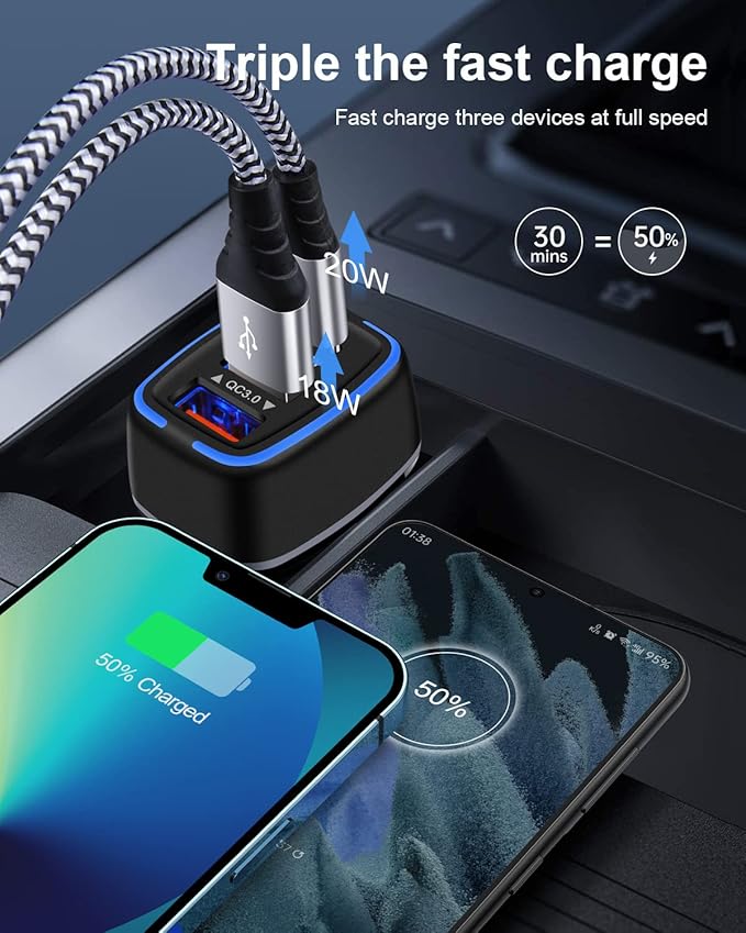AILKIN 56W PD USB C Car Charger, Type-C Super Fast Power Charging Block 3-Port USB A & USBC Auto Cargador Carro Lighter Adapter for iPhone, iPad, Samsung Galaxy, LG, Google Pixel, Moto, USB-C&A Port