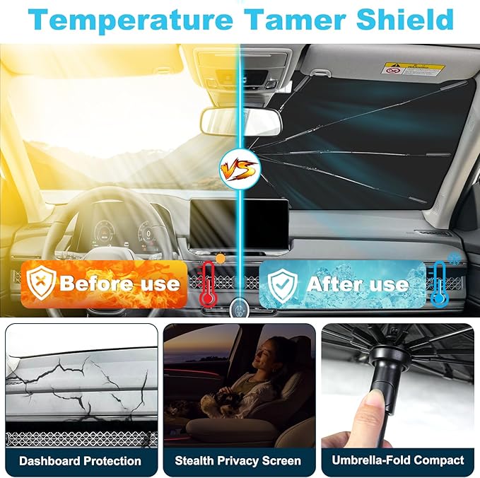 2025 Upgrade Windshield Sun Shade Umbrella Custom Fit for Dodge RAM 1500 2019-2025 Foldable UV Protection Car Cover, Emergency Rain Shield & Dashboard Protector - Durable Auto Accessory
