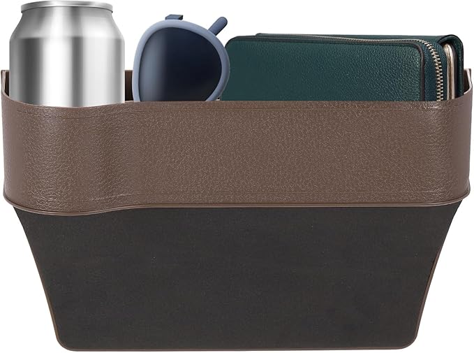 HARFINGTON Car Seat Gap Filler Organizer 10.2 x 6.5 x 2.4 Inch ABS Universal Car Organizer Storage Box Between Seat and Console (Left) with Cup Holders for Phone Sunglasses Keys, Brown