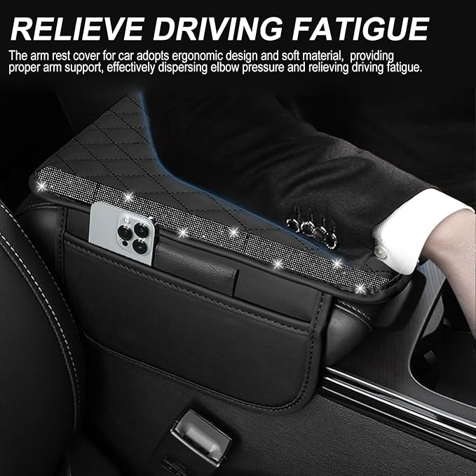 NBTEPEM Bling Car Center Console Cover, Leather Car Arm Rest Cover Cushion with 2 Storage Bags, Universal Automotive Armrest Protector Storage Box, Bling Accessories Interior for Most Vehicles (Black)