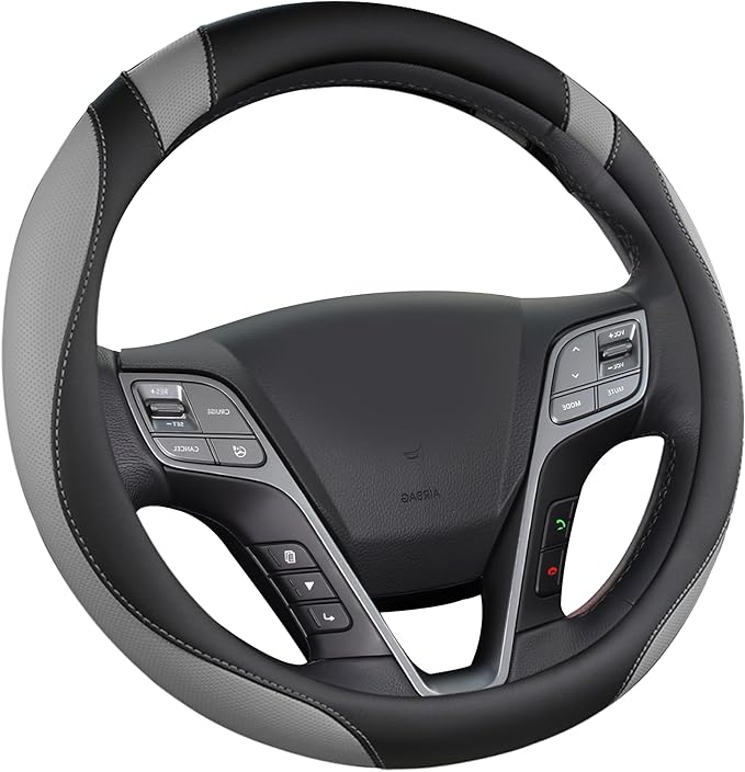 West Llama Customized Auto Car Steering Wheel Cover for Hyundai,Tucson,Sonata,Elantra,Santa Fe,Genesis,Sonata Hybrid,Azera,Venue,Kona, 14.5-15 inches(Black+Gray - Standard Size)