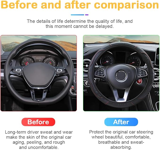 Car Steering Wheel Cover, 15 inch Carbon Fiber Microfiber PU Leather Elastic Steering Wheel Protector for Men Women, Anti-Slip Breathable Car Interior Accessories for Most Cars (Black)