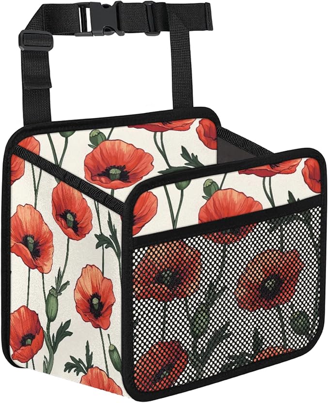 Flowers Poppies Car Backseat Organizer PU Leather Red Floral Truck Back Seat Trash Bag Universal Hanging Storage Box Travel Accessories Foldable