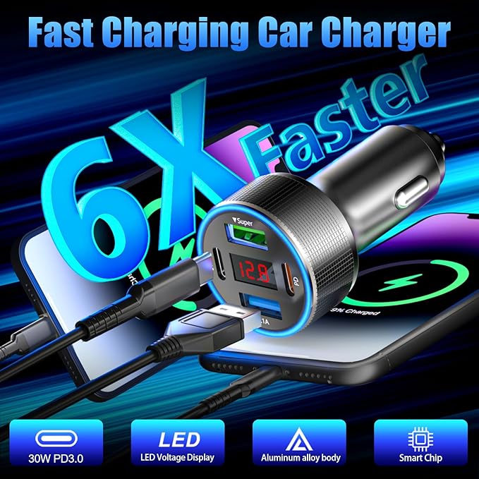 Car Charger with USB C Cable, 78W 4 Port Car Phone Charger Adapter Fast Charging, Dual USB C Car USB Adapter for iPhone 17 16 15 14 13, iPad, Samsung Glaxy, Android (Black & Cable)