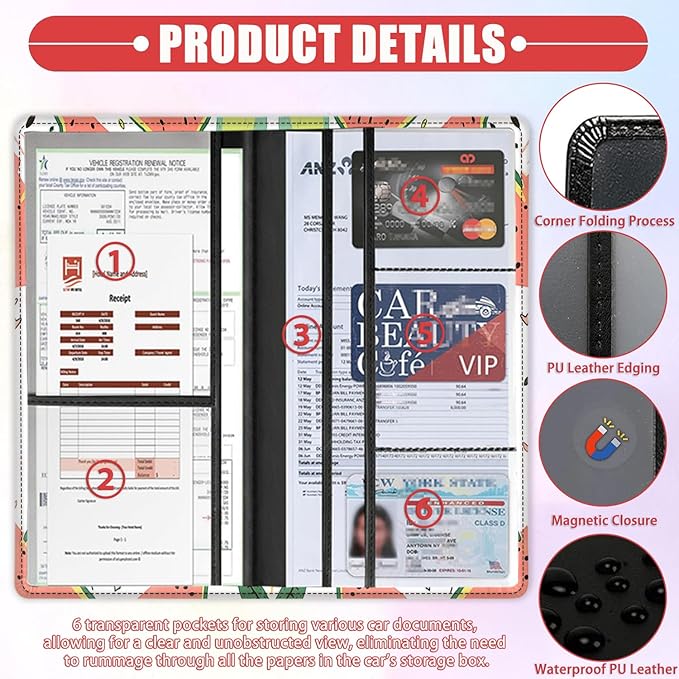 Car Registration Holder, Waterproof PU Leather Vehicle Card Document Glove Box Organizer, Women Interior Auto Accessories Case for Cards, Driver License Car Insurance Holder, Watermelon Fruit Pattern