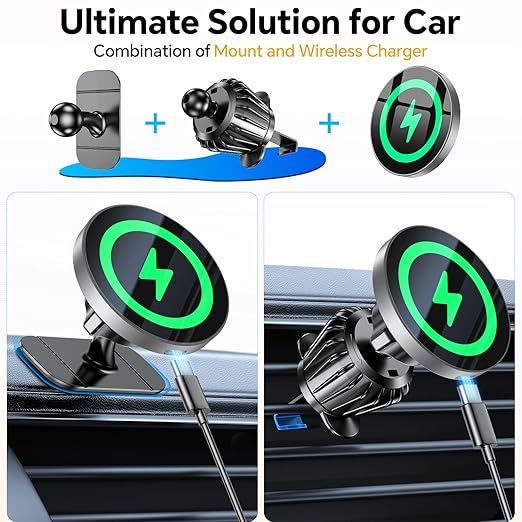 Coolpow for Magsafe Car Mount Charger【100% Stable】 15W Magsafe Car Charger Magnetic Phone Holders for Your Car Accessories for Women Men car Phone Holder Wireless Car Charger for iPhone (Gray)