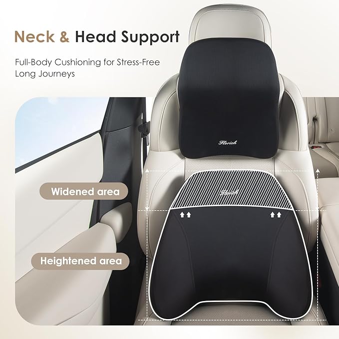 FLORICH Car Seat Cushion & Lumbar Support Pillow & Car Neck Pillow for Driver Car Office Chair, Ergonomic Memory Foam Car Cushion & Back Support Pillow for Sciatica Pain Relief - Black