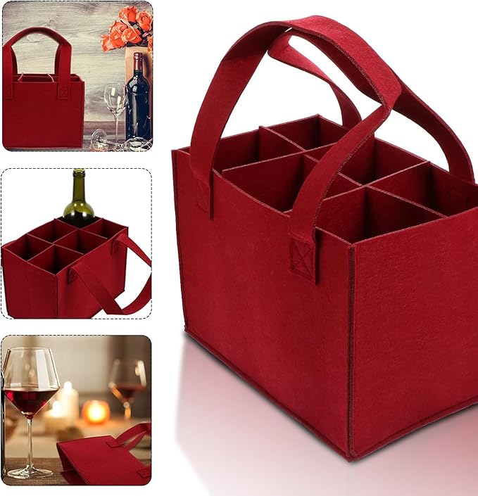 6 Bottle Wine Carrier with Divider Felt Wine Storage Tote Bag, Portable Reusable Wine Travel Bag with Handle for Christmas Travel Camping Picnic Party (Dark Gray)