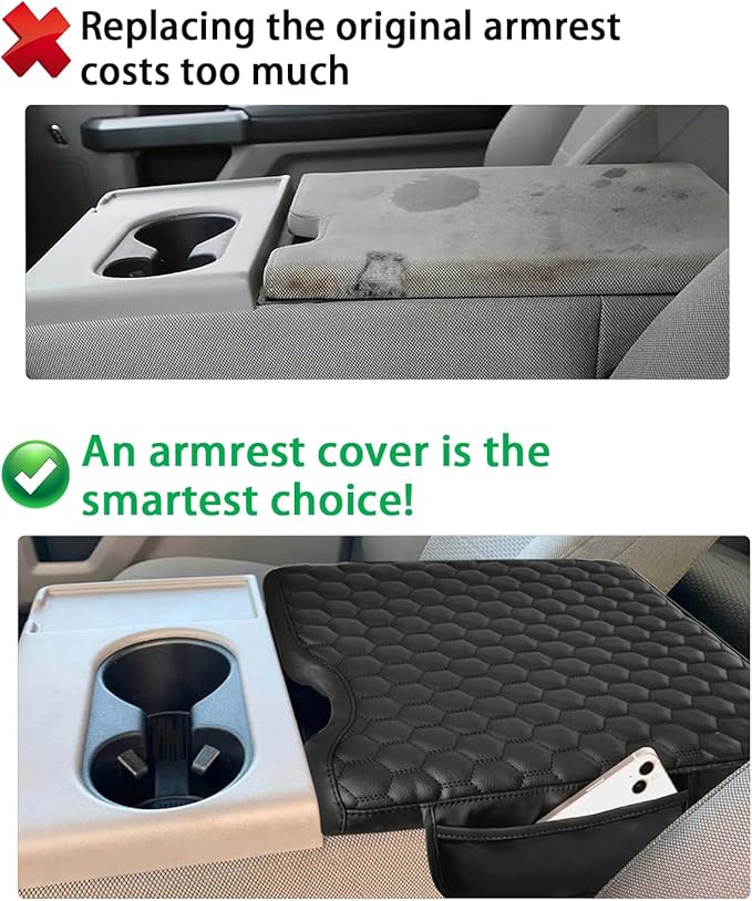 Center Console Cover Compatible with 2015-2025 Ford F150, 2017-2025 F250 F350 F450 with 40/20/40 Jump Seat, Leather Armrest Cover Middle Console Cover with Two Side Pockets (Jump Seat Only)