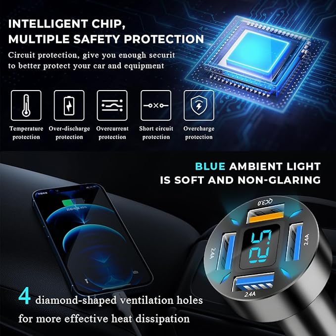 Augeny USB C Car Charger, 4 Port Auto Fast Charger with USB QC3.0, Cigarette Lighter USB Automotive Adapter Compatible with Most Mobile Cell Phone, Car Accessories (QC 3.0)