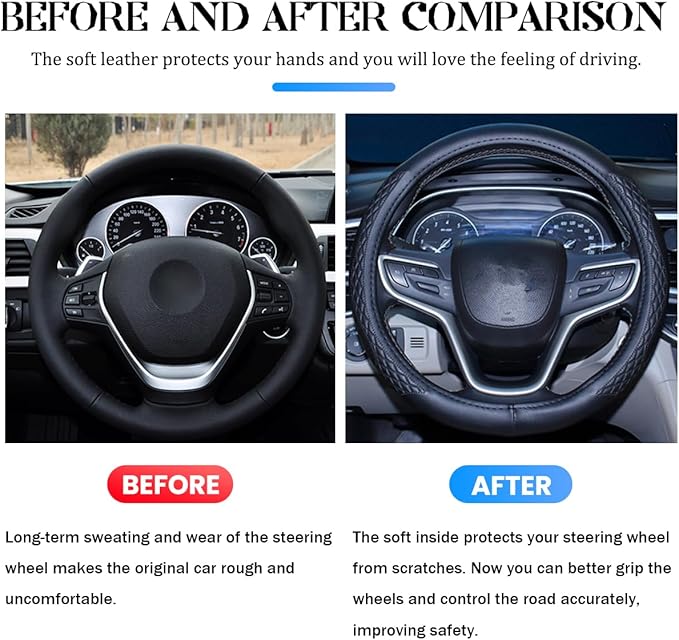AUCELI Car Steering Wheel Cover, 14 1/2-15 inch Non-Slip Soft Breathable Leather Automotive Steering Wheel Protecteor, Vehicle Accessories for Men Women, Universal for SUV, Truck, RV（Black）