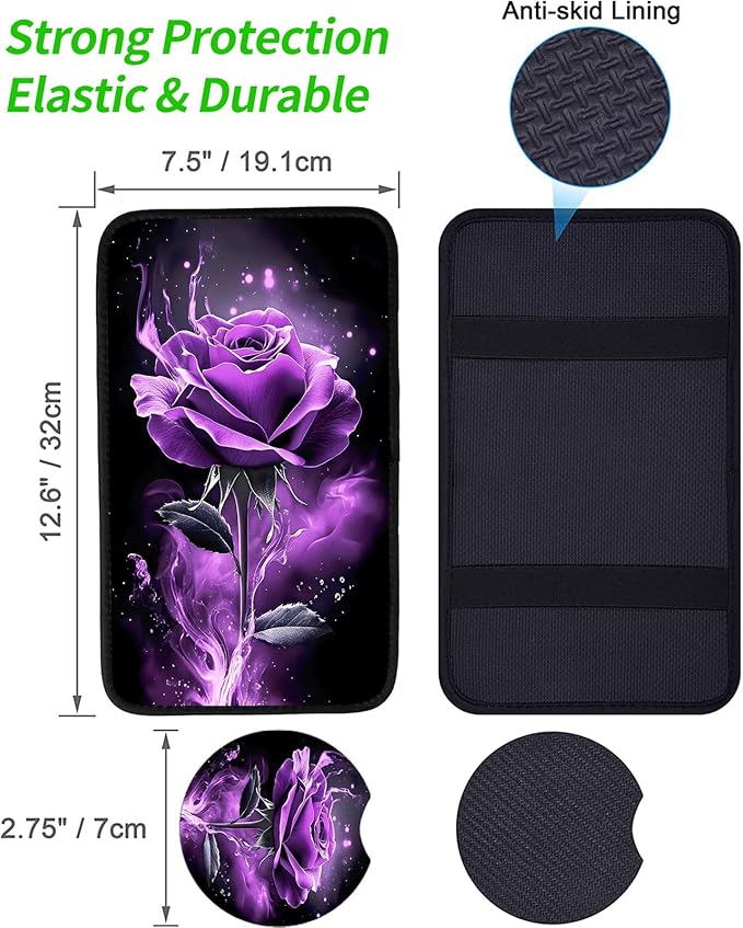 JANENFNA Car Armrest Cover Pads Universal Fashion Cute Auto Center Console Armrest Cover Pad with 2PCS Car Coasters Soft Waterproof Car Armrest Seat Protector for Women,Purple Rose