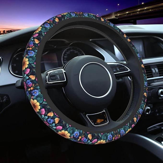 Colorful Floral Steering Wheel Cover for Women Men Girls Car Accessories Decor Anti-Slip Neoprene Auto Steering Wheel Covers Protector Universal 15 Inch