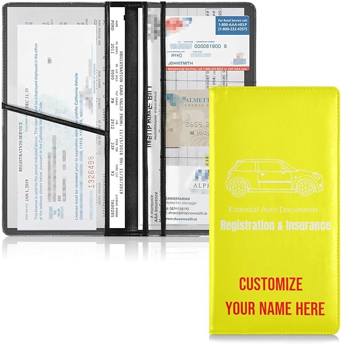 Custom Car Registration and Insurance Card Holder Personalized Leather Glove Box Organize Men Women Wallet Accessories Case for Cards, Essential Document Driver License Yellow