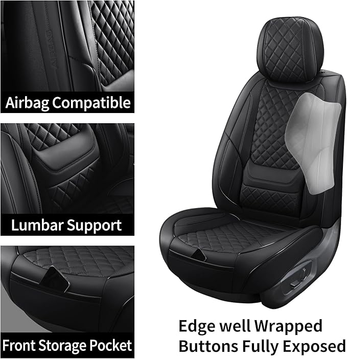 hoozoom Leather Front Seat Covers for Cars Breathable Seat Covers Waterproof Seat Protectors Universal Fit for Most Automotive Cars SUV Trucks Van (Black, Front Pair)