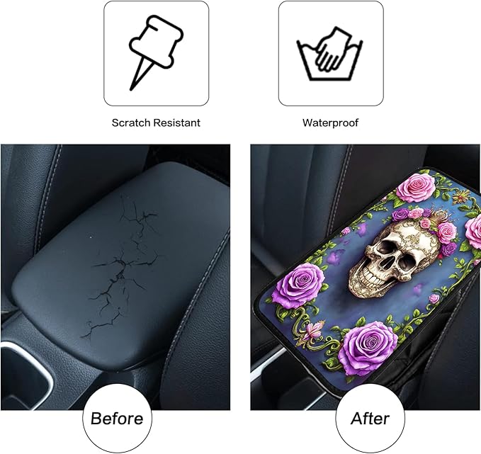 JANENFNA Car Armrest Cover Pads Universal Fashion Cute Auto Center Console Armrest Cover Pad with 2PCS Car Coasters Soft Waterproof Car Armrest Seat Protector for Women,Skull with Pink Roses