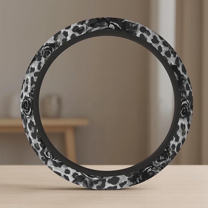 Cute Steering Wheel Cover for Women, Machine Washable Universal 14.5-15.5 inch Non-Slip Grip All Weather Use (Black Leopard Rose)