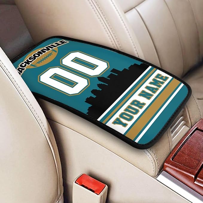 Custom Jacksonville Car Armrest Covers Personalized Football Style with Name Number Customized Auto Center Console Pad Car Handrail Box Cushion for Most Vehicle Decor Accessories, Fans Gift