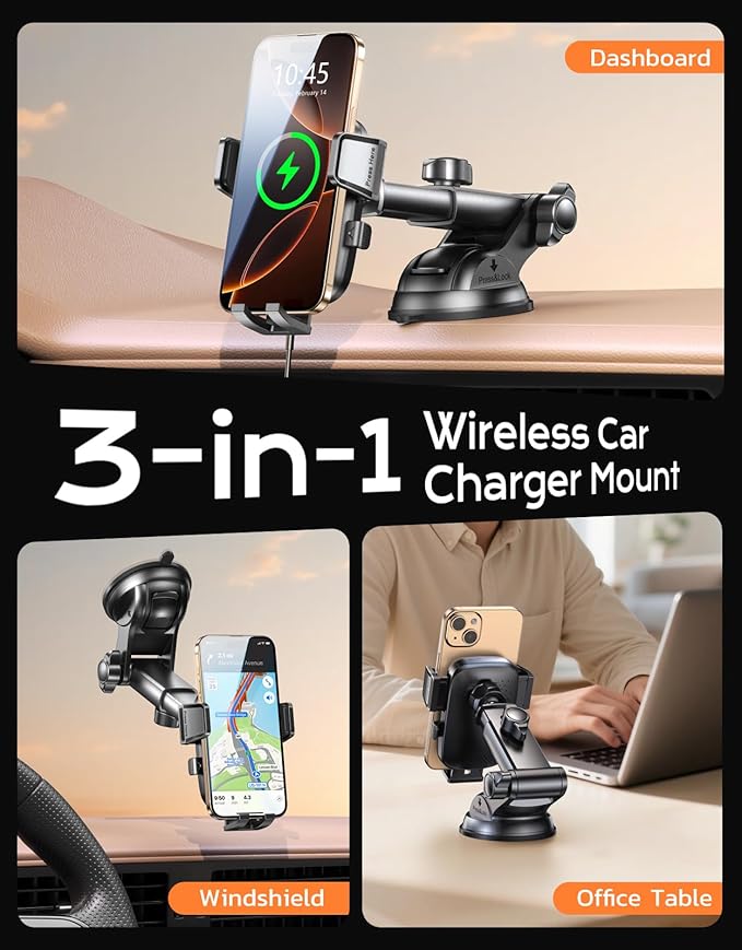 Niweya Wireless Car Charger, [15W Fast Charging] Car Phone Mount with Upgrade Suction, Car Phone Holder Charger for Dashboard Windshield Compatible with iPhone 17/16/15 Pro Max, Galaxy S25/S24 Ultra