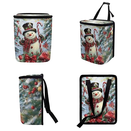 Christmas Snowman Printed Car Trash Can with Zipper Lid - 1.2 Gallons Car Garbage Bin Hanging for Back of Front Seats or Tail of Console, Easy to Install, Multi-Scene Use for Car or Camping
