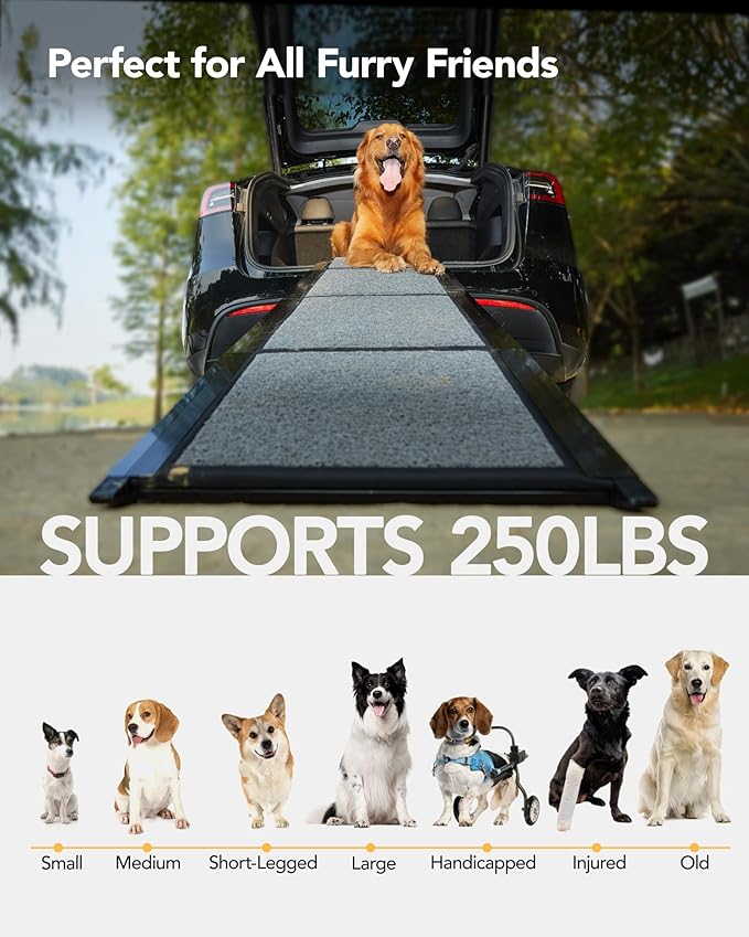 PetThem Dog Ramp for Car 63" Long & 17" Wide Portable Dog Ramps for Large Dogs with Non-Slip Rug Surface Dog Car Ramp for SUV Car & Truck, Folding Dog Ramp Up to 250LBS