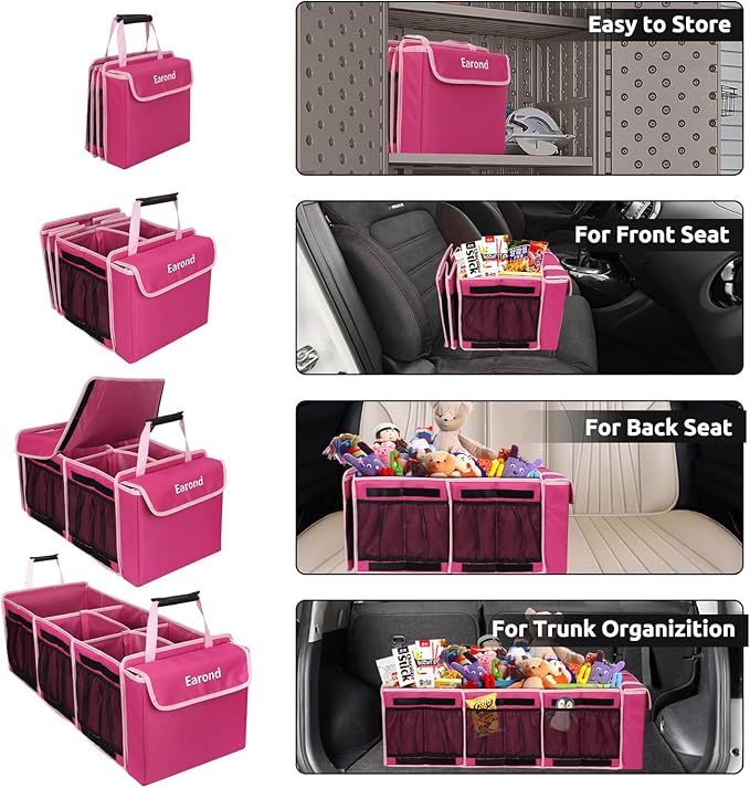 EAROND Collapsible Trunk Organizer with Insulated Leakproof Cooler Bag,Removable Lid,Adjustable Securing Straps,3 Compartments Trunk Organizer for SUV,Truck,Sedan(Pink)