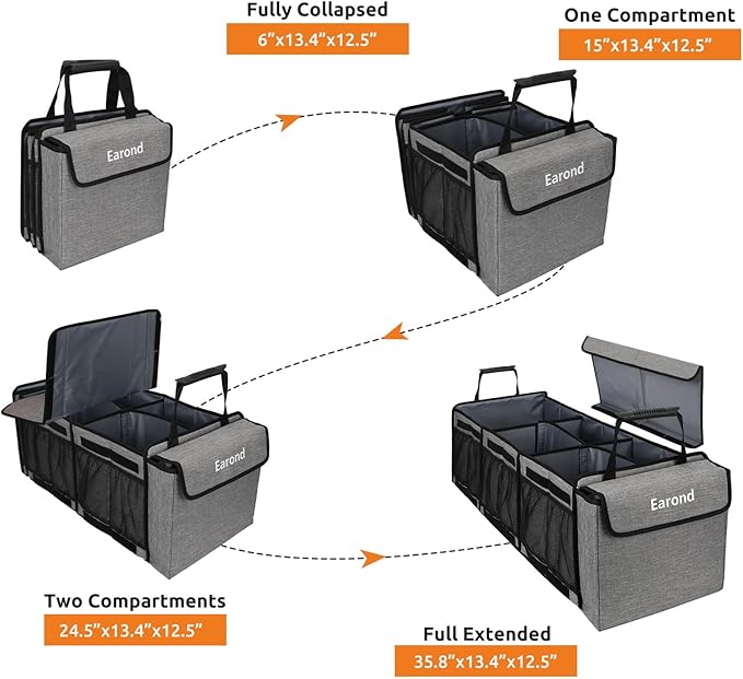EAROND Collapsible Trunk Organizer with Insulated Leakproof Cooler Bag,Removable Lid,Adjustable Securing Straps,3 Compartments Trunk Organizer for SUV,Truck,Sedan(Light Grey)