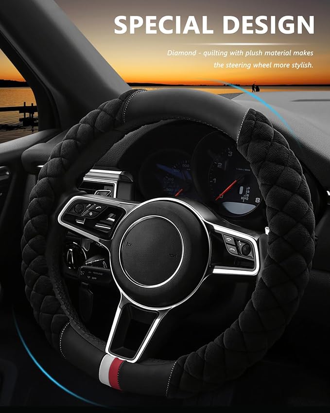 Cxtiy Universal Car Steering Wheel Cover Fluffy Winter Plush Steering Wheel Cover (A-Black)