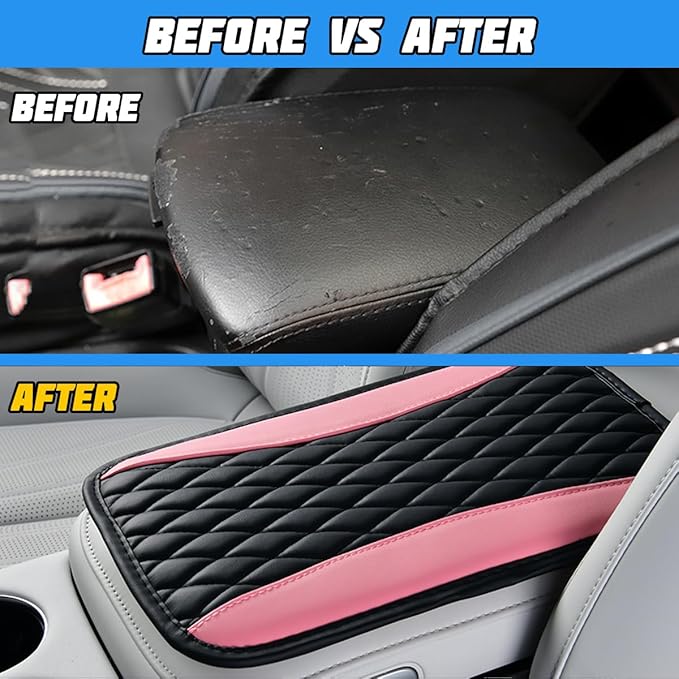 Car Center Console Cover, PU Leather Waterproof Vehicle Armrest Seat Box Protector, Automotive Interior Arm Rest Cushion Protection Accessories, Universal for SUV Sedan Truck (Black/Pink)