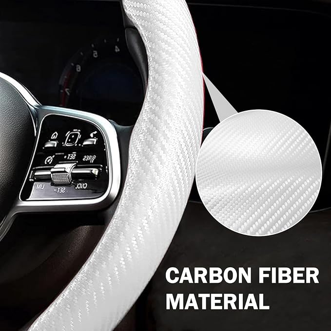 Carbon Fiber Steering Wheel Cover 3pcs Anti-Slip Car Steering Wheel Accessories Snap on Grip 15 inch Universal White