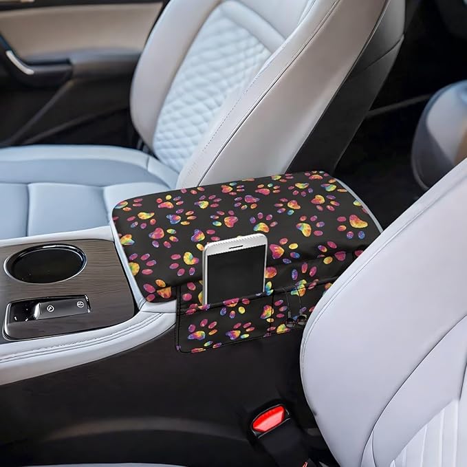 Dreaweet Tie Dye Dog Paw Arm Rest Cover for Car Women Thick Center Console Cover with Pockets Soft Comfortable Car Armrest Cushion Universal Console Covers for SUV Trucks Sedan