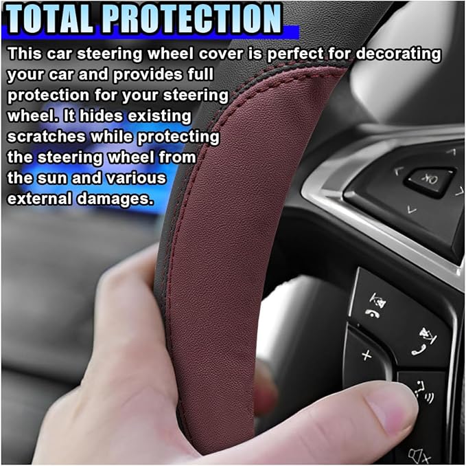 14.5"-15" Car Steering Wheel Cover, Microfiber Leather Breathable Wheel Cover, Anti-Slip Lining Steering Wheel Covers, Car Accessories Interior Decoration for Women Men (Wine Red)