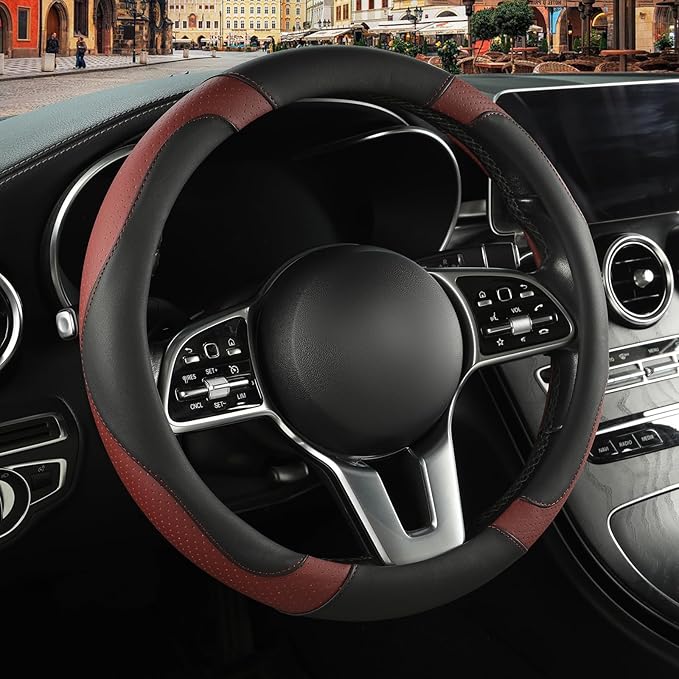 Binsheo Microfiber Leather Steering Wheel Cover, Breathable, Anti Slip, Universal 15 inch, Black with Burgundy