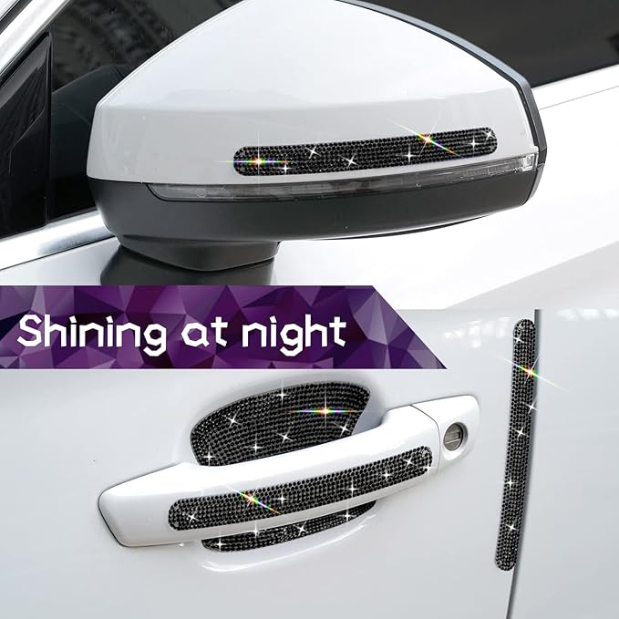 Gengki 10PCS Car Door Handle Bling Rhinestones Stickers Universal Auto Door Handle Scratch Cover Guard Protective Film Pad with Safety Reflective Strips