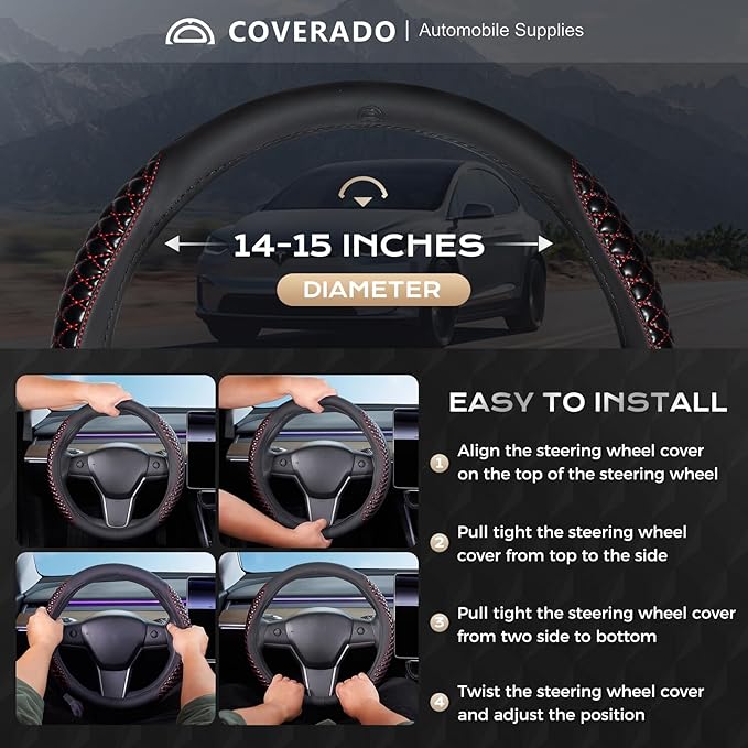 Coverado Car Steering Wheel Cover, Nappa Leather Black & Redline Steering Wheel Covers, Universal 14-15 inch, Anti-Slip, Breathable Steering Wheel Protector for Women Men