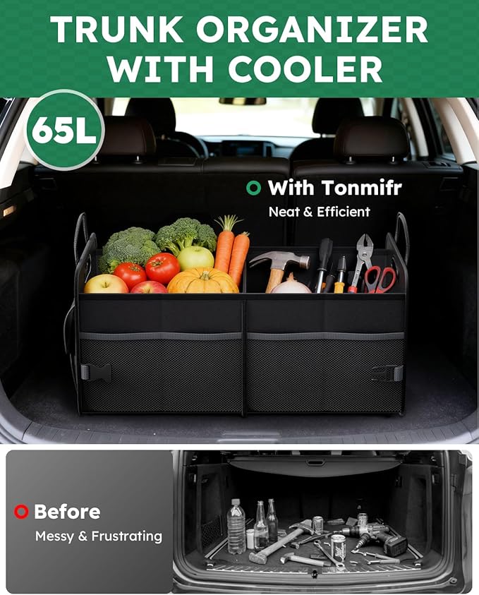 Tonmifr 2-Compartment Trunk Organizer & Multi-Compartment Storage Box 600D Waterproof Oxford, with Reflective Strips and 8 Side Mesh Pockets for SUV, Sedan, Minivan- Heavy-Duty Car Organiser(65L)