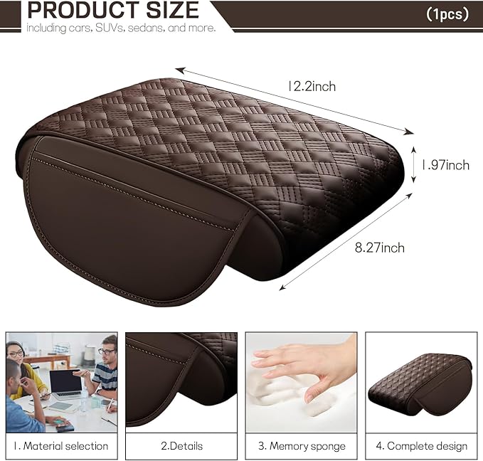 Hbxdeco Car Armrest Cushion, 12.2"×8.3" Leather Auto Memory Foam Center Console Pad with Storage Pocket, Waterproof & Anti-Scratch Elbow Pillow Armrest Seat Box Protector, Universal Fit (Coffee)