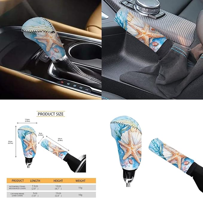 Starfish & Seashells 6pcs Car Steering Wheel Cover Set Car Armrest Cover Handbrake Coer Auto Interior Sets for Men Women Fit for Trucks Vans Suvs
