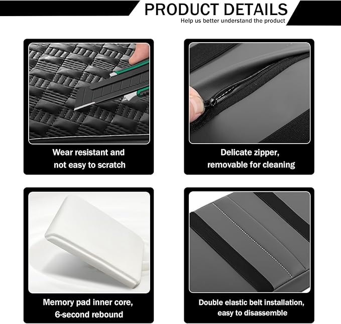 Hbxdeco Car Armrest Cushion, 12.2"×8.3" Leather Auto Memory Foam Center Console Pad with Storage Pocket, Waterproof & Anti-Scratch Elbow Pillow Armrest Seat Box Protector, Universal Fit (Black)
