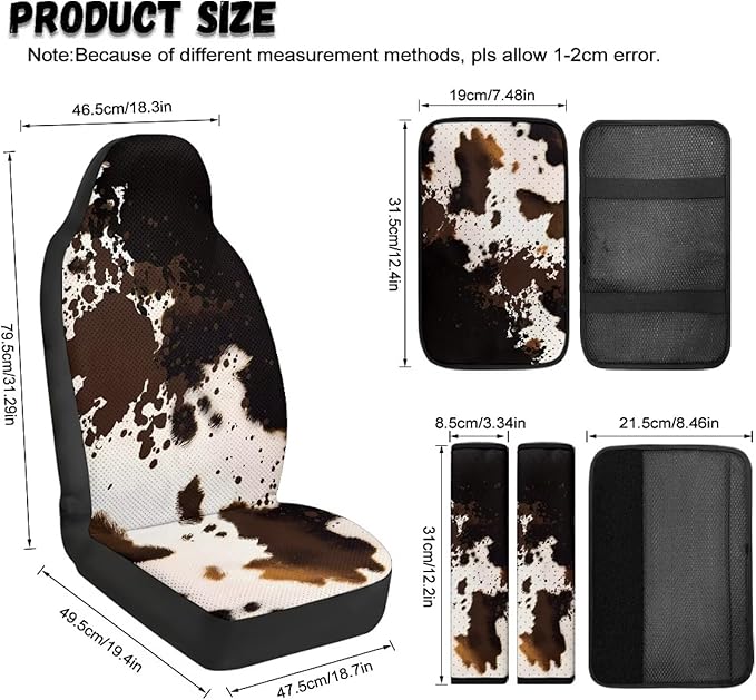 Qeluxign Cow Print 5 Piece Car Seat Covers Full Set, Front Seats Cover/Auto Seatbelt Shoulder Pads/Vehicle Center Console Armrest Cover, Universal Car Accessories Men Women Gifts