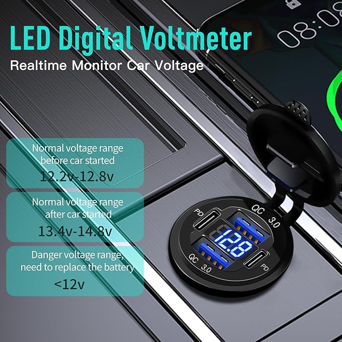 4 Port 12V USB Outlet Aluminum Car Charger with Voltmeter, 78W Fast Charge Dual PD3.0 & QC3.0 Multiple USB Port for Car, Marine USB C Socket Cigarette Lighter Replacement Waterproof 12 Volt Outlet